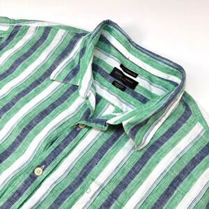 Burnt Umber Linen Shirt Men's XXXXL‎ 4XL Green Blue Stripe Short Sleeve